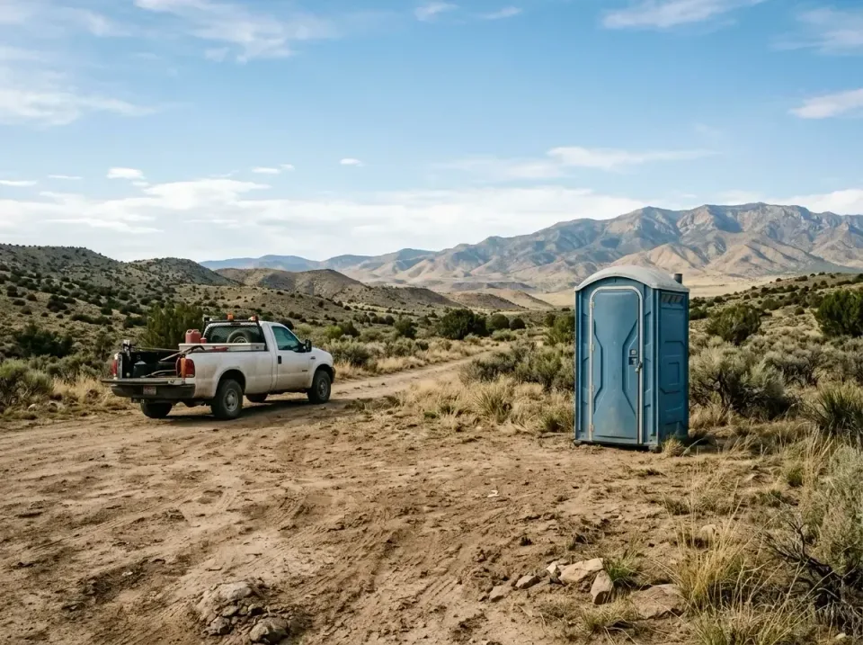 Portable Toilet — Remote Location — Portable Toilet, Pickup Truck, Dirt Road, Remote Location, Portable Toilet Rental in Tum…